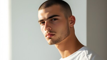 young handsome man with short dark hair and serious expression in white t-shirt against light backgr