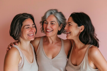 three women with short hair laughing together against a pink background, celebrating friendship and 
