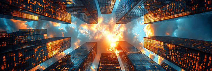 Poster - A low angle view of towering skyscrapers reaching towards a vibrant sunset sky in a modern city.