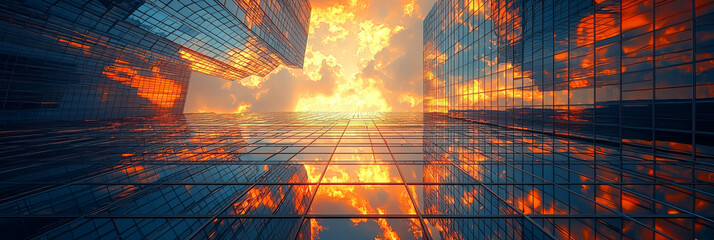 Poster - A fiery sunset is reflected in the glass facade of modern skyscrapers.