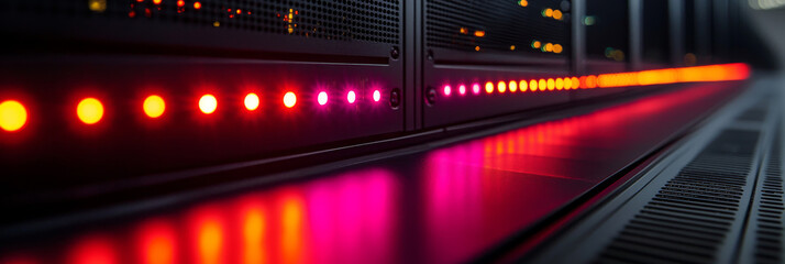 Wall Mural - A row of red lights illuminate the bottom of a server rack, signifying activity within the data center.