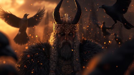 A horned king with a crown stands in a field of fire with crows flying around him.