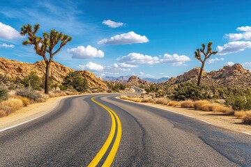 Stunning view of the road in Joshua Tree National Park, California with towering Yucca trees and desert