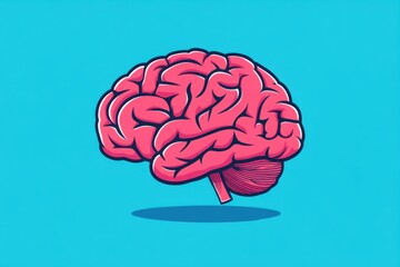 Wall Mural - illustration of the human brain in pink and red on a blue background, with a simple design, bold out