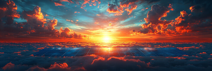 A vast solar panel array stretches across a sky filled with dramatic sunset clouds.