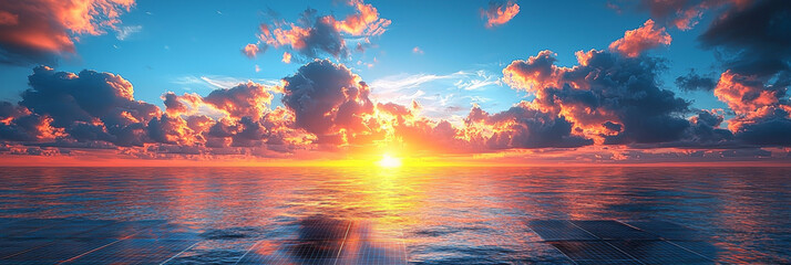 Wall Mural - A vibrant sunset over the ocean, casting a warm glow across the water and reflecting off the clouds.