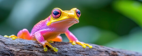 A colorful amphibian on mossy branch with blur nature background