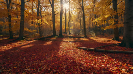 Wall Mural - Golden autumn light filters through trees in a vibrant forest with fallen leaves during a serene afternoon