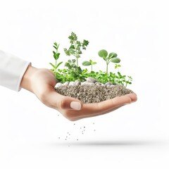 a 3D hand with seedlings and small stones, garden mix, green seedlings and soil, isolated on white background