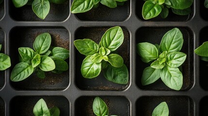 Canvas Print - Close-Up of Young Green Plants in a Black Seed Tray