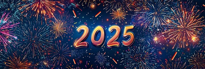 The glowing year 2025 is prominently displayed, surrounded by an array of bright and colorful fireworks illuminating the night sky, setting a festive and joyful atmosphere.