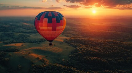 Canvas Print - Hot Air Balloon Soaring Above the Landscape at Sunset