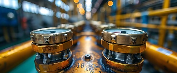 close-up of two industrial gauges on a copper pipe in a factory.