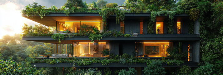 Poster - Modern apartment building with green roof and lush vegetation, blending seamlessly with nature.