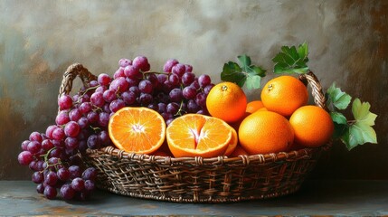 Wall Mural - Still Life with Oranges and Grapes in a Wicker Basket