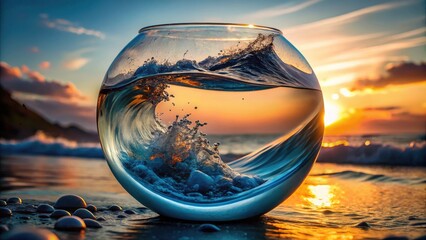 Transparent Glass Fishbowl With Water Droplets And Distorted Waves Captured With Extreme Close-Up Lens