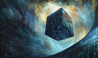 Blue Cube Floating in a Digital Tunnel