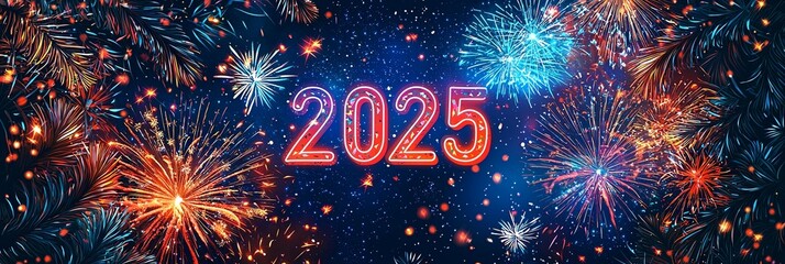 Wall Mural - A vibrant collection of fireworks with prominently displayed glowing digits '2025' in the center, creating a festive and celebratory scene welcoming the New Year with joy and excitement.