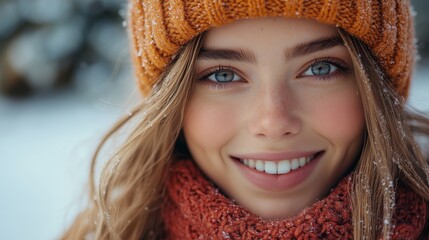 A young woman smiles warmly while dressed in winter clothing and a knit hat amid a snowy landscape during a bright day