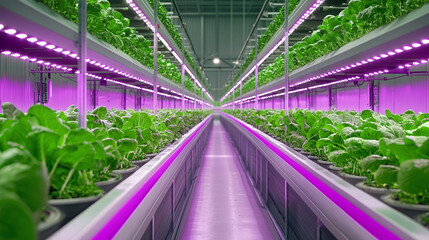 Wall Mural - a large indoor hydroponic farm, rows of leafy greens stretching to the horizon under purple LED lights