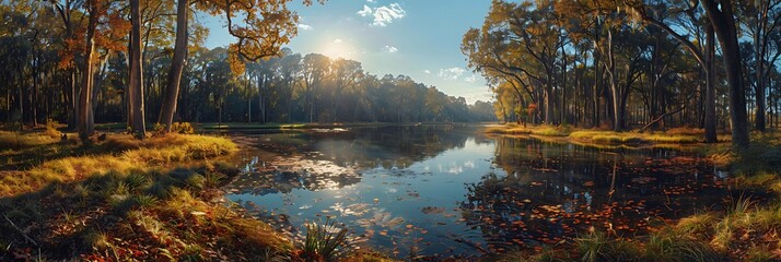 Wall Mural - Tranquil autumn landscape with a river winding through a forest of trees, sunlight shining through the canopy.