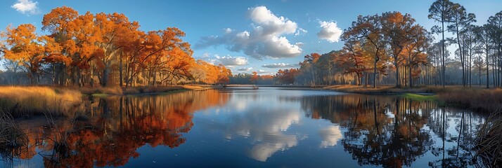 Wall Mural - Tranquil lake with fall foliage reflected in the water.