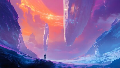 A Solitary Figure Gazing at Two Giant Spaceships Against a Vivid Pink and Orange Sky Over a Futuristic Landscape