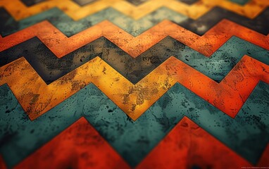 Close-up shot of a textured chevron pattern in orange, teal, and black