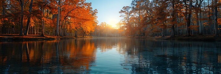 Wall Mural - Tranquil autumn scenery with a lake surrounded by colorful trees and a misty morning sunrise.