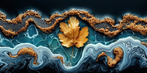 A golden leaf floats in a swirling, blue abstract landscape