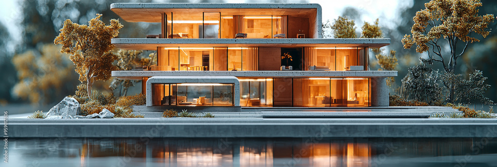 Modern concrete house with large windows overlooking a lake ...