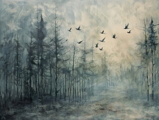 Wall Mural - A misty forest with a flock of birds flying overhead.