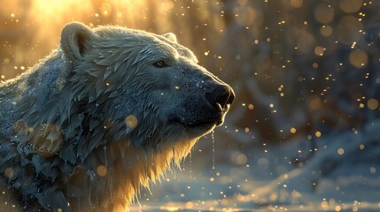 Wall Mural - a majestic polar bear stands in a snowy landscape, illuminated by the golden rays of the setting sun