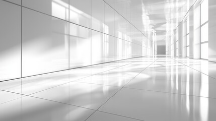 Minimalist White Corridor A Low Angle Perspective on Geometric Lines Reflections and Light