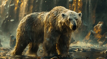 Wall Mural - a majestic polar bear stands in a misty arctic landscape, its fur glistening in the sunlight.