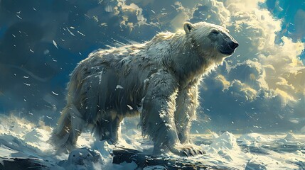 Wall Mural - a majestic polar bear stands on a snowy landscape with a dramatic sky in the background.