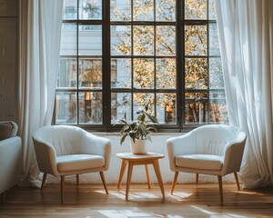 Sunlight streams through a large window illuminating two chairs and a potted plant on a wooden table in a modern living room