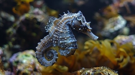 A close-up of a seahorse swimming in an aquarium.