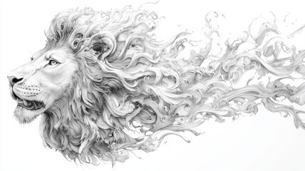 Lions Roar Abstract Monochrome Illustration of a Lions Profile with Swirling LiquidLike Mane Tribal