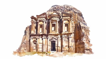 Watercolor illustration of the ancient Petra Monastery in Jordan, showcasing the intricate rock-cut architecture and historical significance.