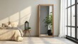 © Kittipong - SunDrenched Bedroom with Wooden Mirror Reflecting Plant and Window View