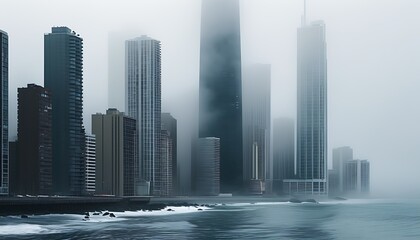 Wall Mural - Covered by hazy fog, high-rise buildings stand on the coast, showing a mysterious urban landscape.