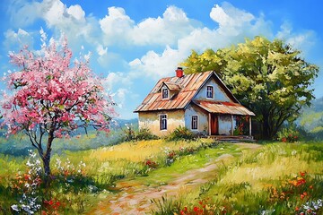 Wall Mural - Country Cottage with Pink Blooming Tree and Winding Path