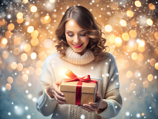 a beautiful girl with brown hair holds a gift box with a red ribbon in her hands, a smile on her face