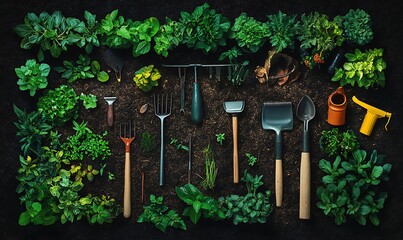 Sticker - Garden Tools and Green Plants on Dark Soil