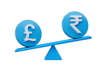 3d White Pound And Rupee Symbol On Rounded Blue Icons With 3d Balance Weight Seesaw, 3d illustration
