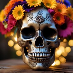 Halloween skull adorned with vibrant colorful flowers