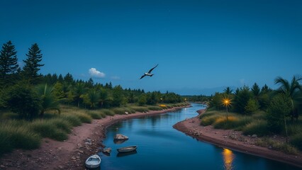 Poster - A single bird flies over a calm river in the evening.