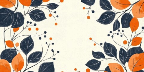 A seamless pattern with abstract botanical elements, vibrant autumn leaves in shades of orange and navy blue, swirling branches, berries and geometric shapes, vintage floral folk art design with a mod