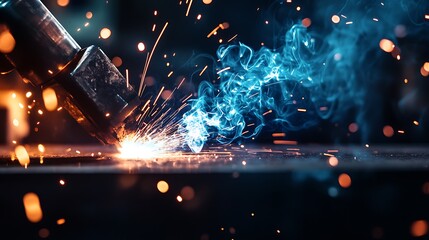 Dynamic Electric Arc Welder in Action with Intense Blue and White Sparks Contrasting Dark Workshop Background